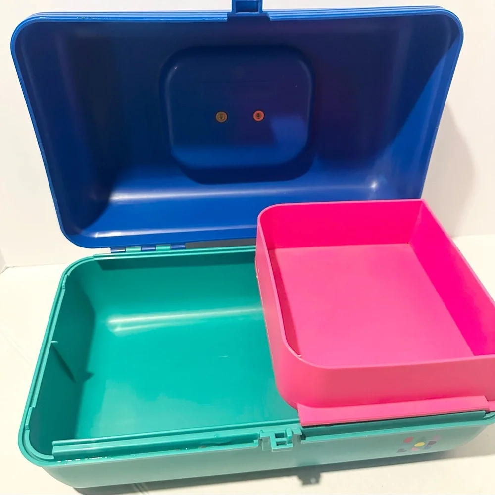 Vintage Cali Caboodle Blue Teal Pink Makeup Case Organize Sliding Tray 2602